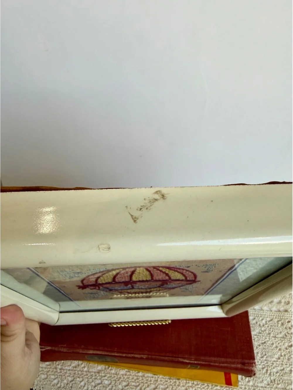 Vintage Framed Hot Air Balloon Crewel Embroidery Needlework Wall Art